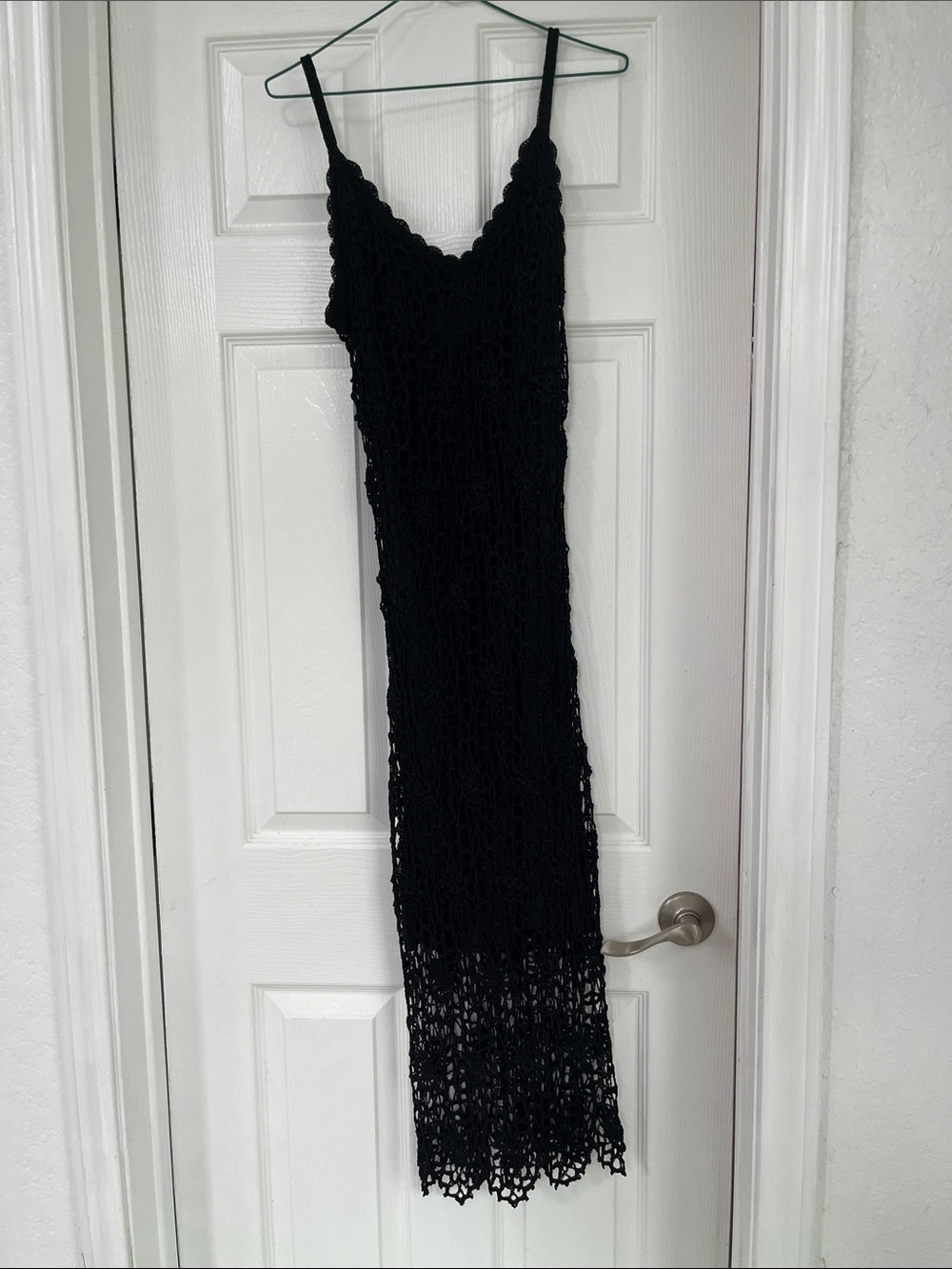 Black Crochet Maxi Dress with V-Neck and Spaghetti Straps